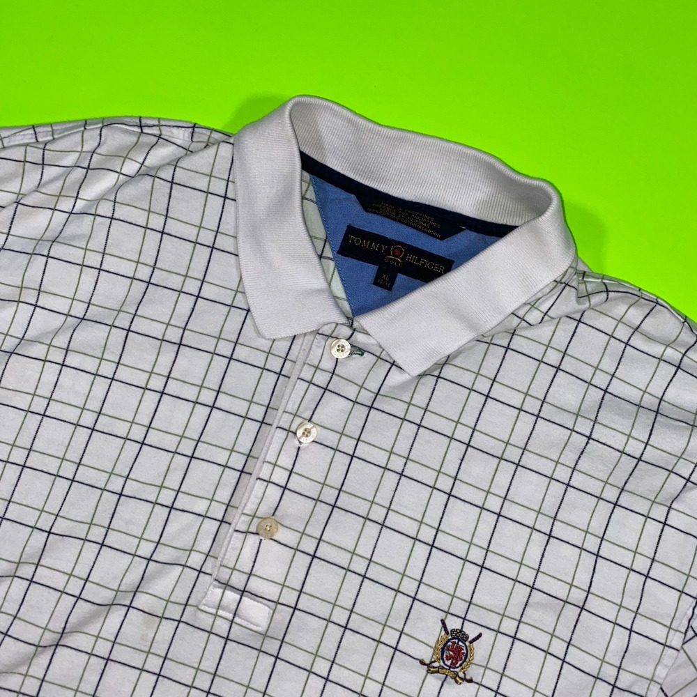 Tommy Hilfiger Golf Mens XL White Green Windowpane‎ Check Cotton Polo Shirt